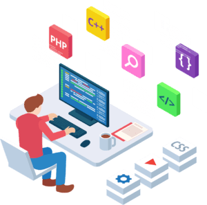 An infographic photo shows a person sitting on a chair, with a computer on a desktop in front of him, and many icons float around